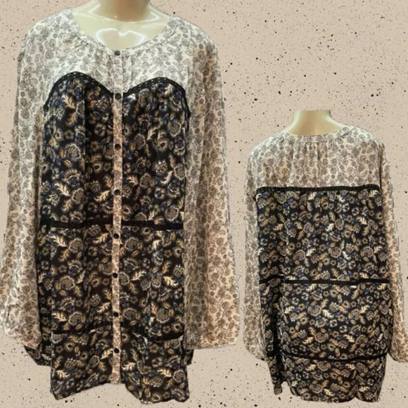 Woman Within +30/32 Gray Floral Mixed Print Button Lace Trim Long Sleeve Blouse - Picture 1 of 6